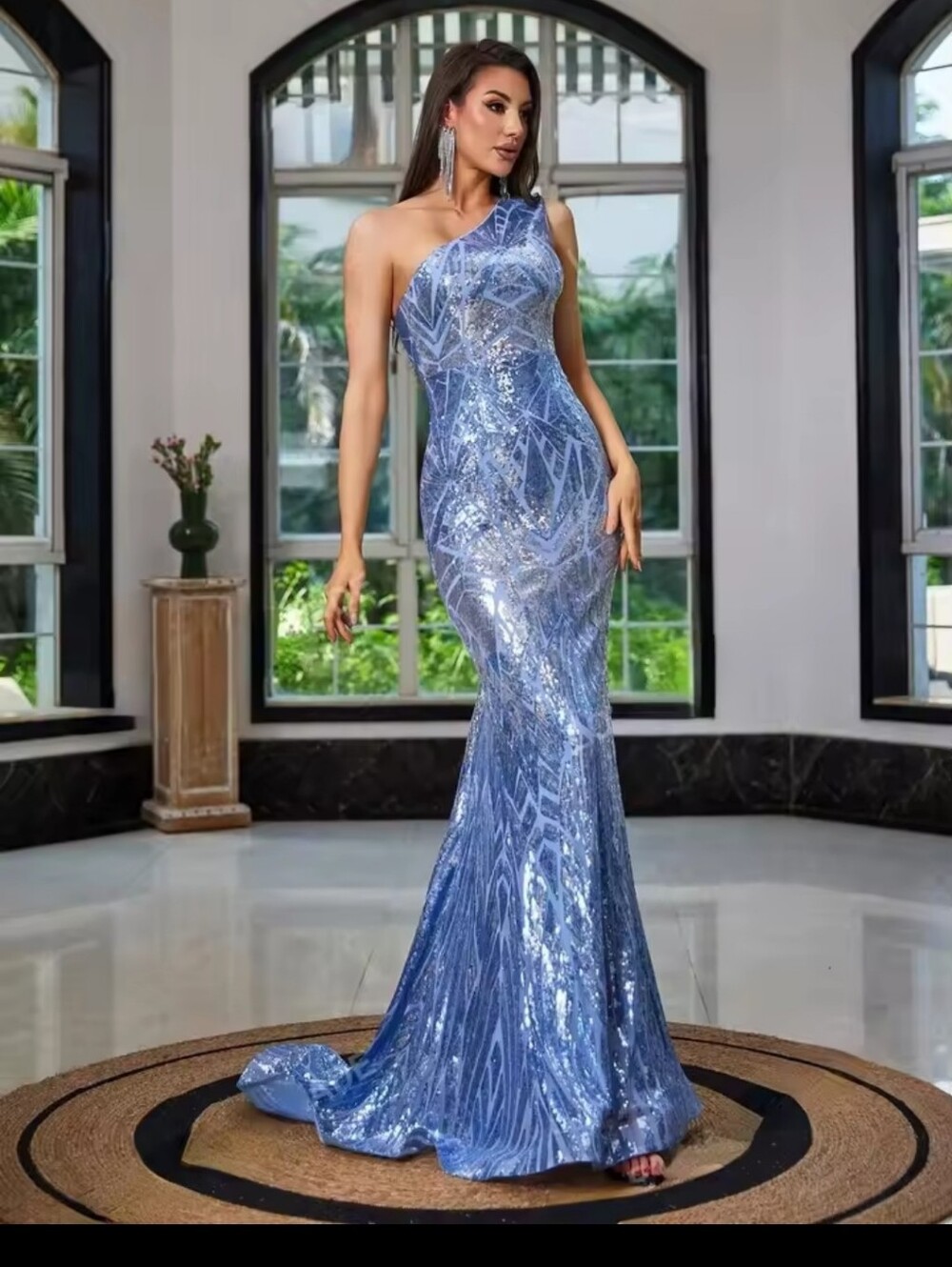 One-Shoulder Sequin Evening Gown in Light Blue - Picture 3 of 16